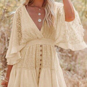 Apricot Casual Women's Contrast Lace Button Front Ruffle Hem Dress